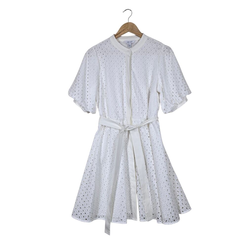 Nine West Eyelet Fit & Flare Dress M White Belted Bridal Romantic Feminine